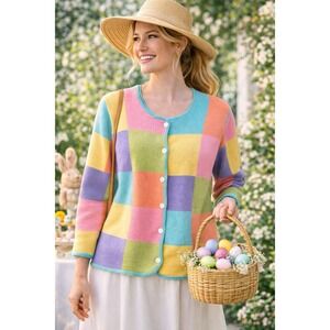 Vintage Orvis Pastel Patchwork Cardigan Women's S Easter Spring Sweater Colorful